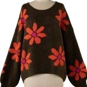 Women’s Daisy Flower Sweater Olive, Pink And Orange Size Large NWT